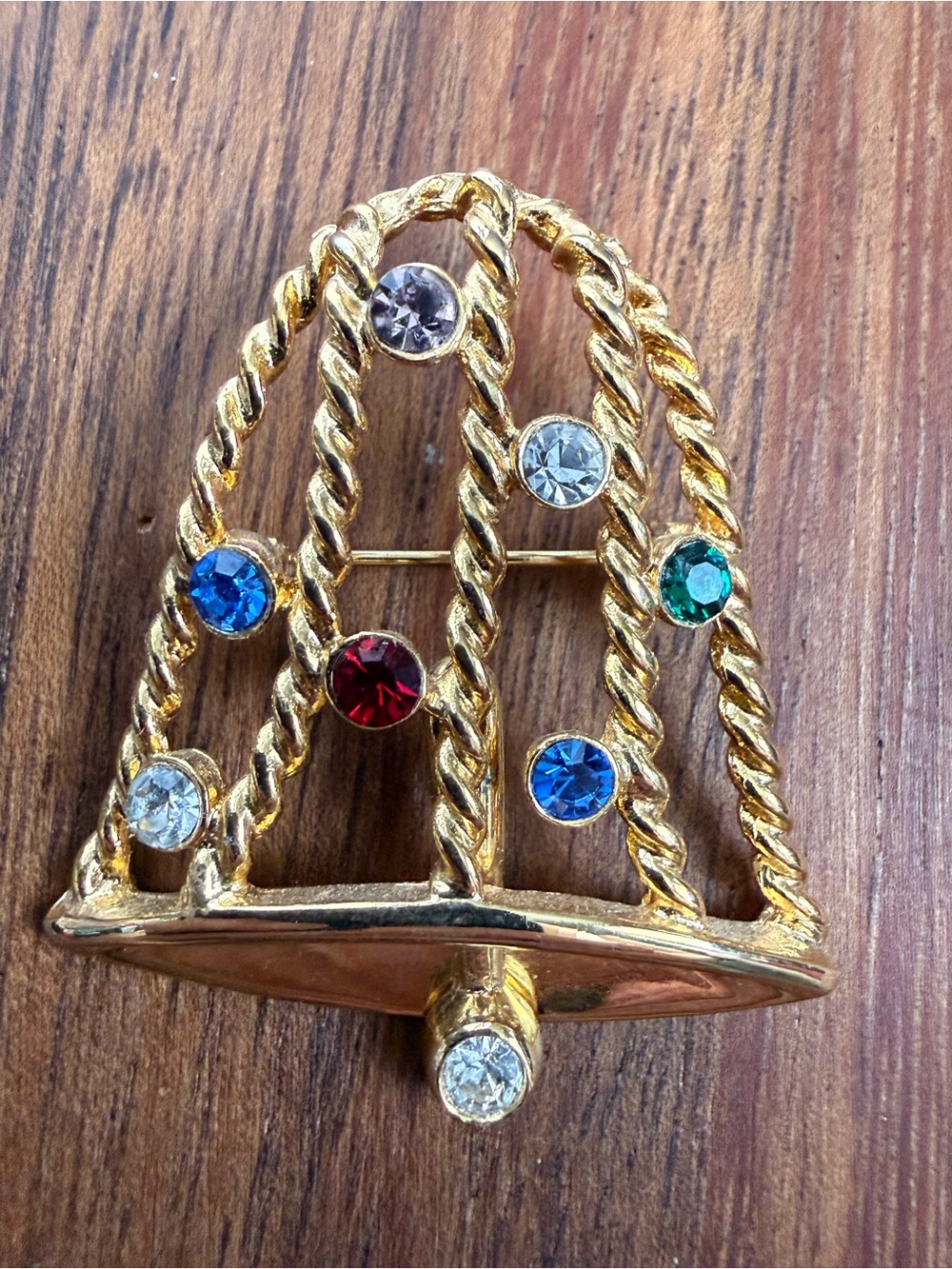 Vintage Gold Tone Holiday Christmas Bell Multicolor Rhinestone Rope Brooch Pin